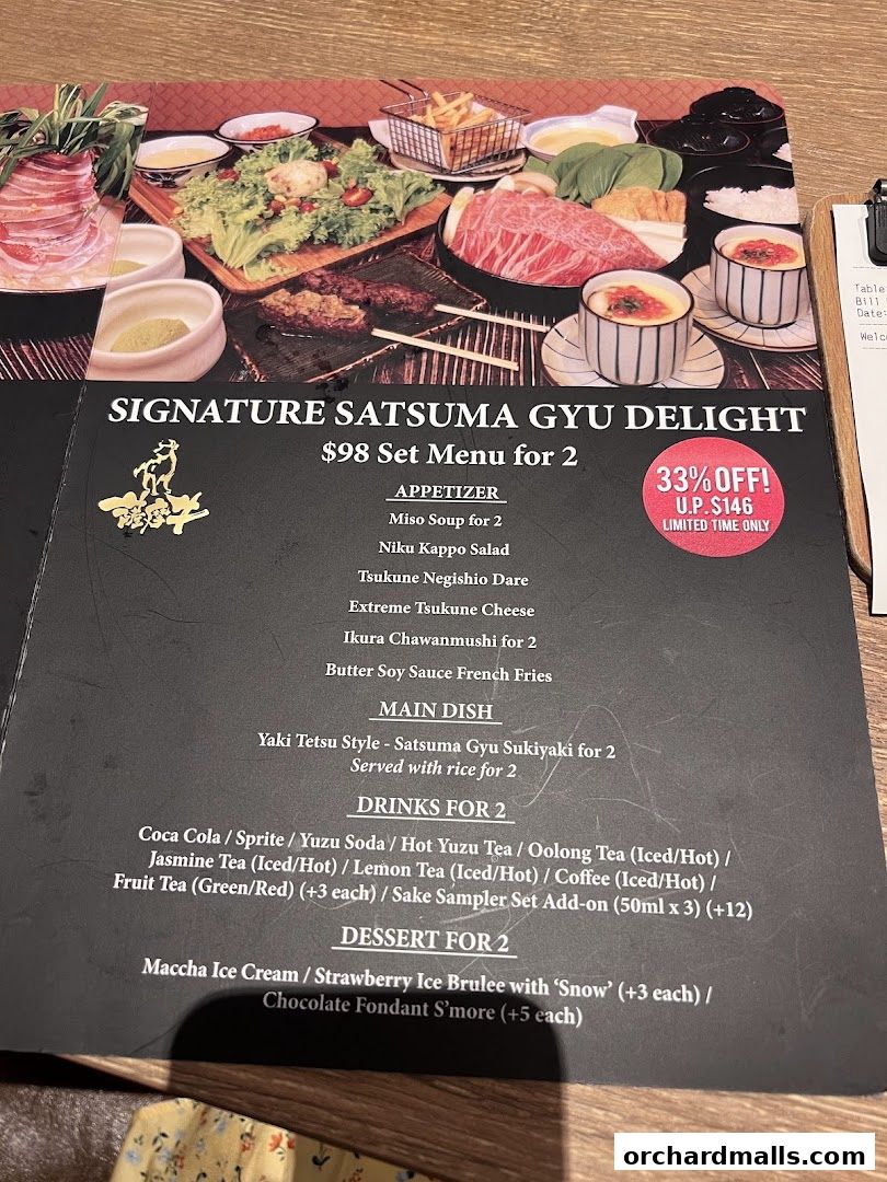 A menu for the Signature Satsuma Gyu Delight set for two, featuring appetizers, main dish, drinks, and dessert.