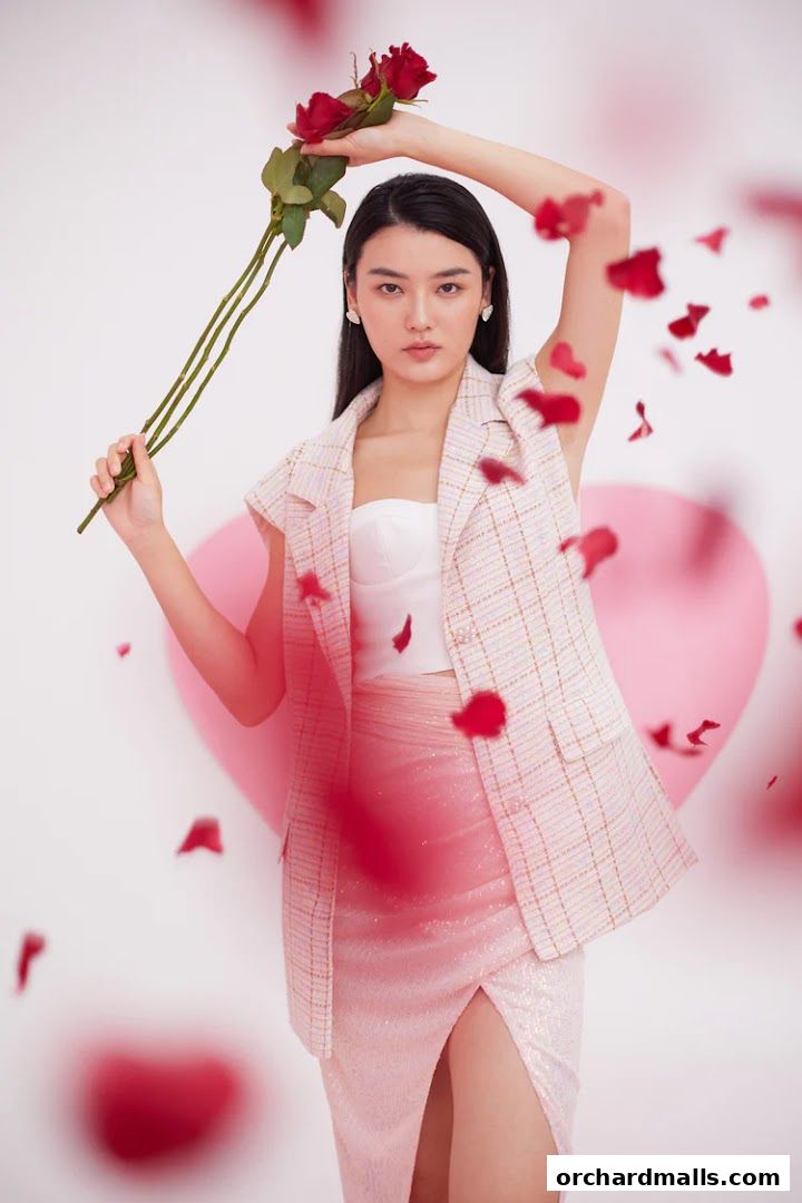 A woman in a pink tweed vest and sparkly skirt holds red roses, with rose petals falling.