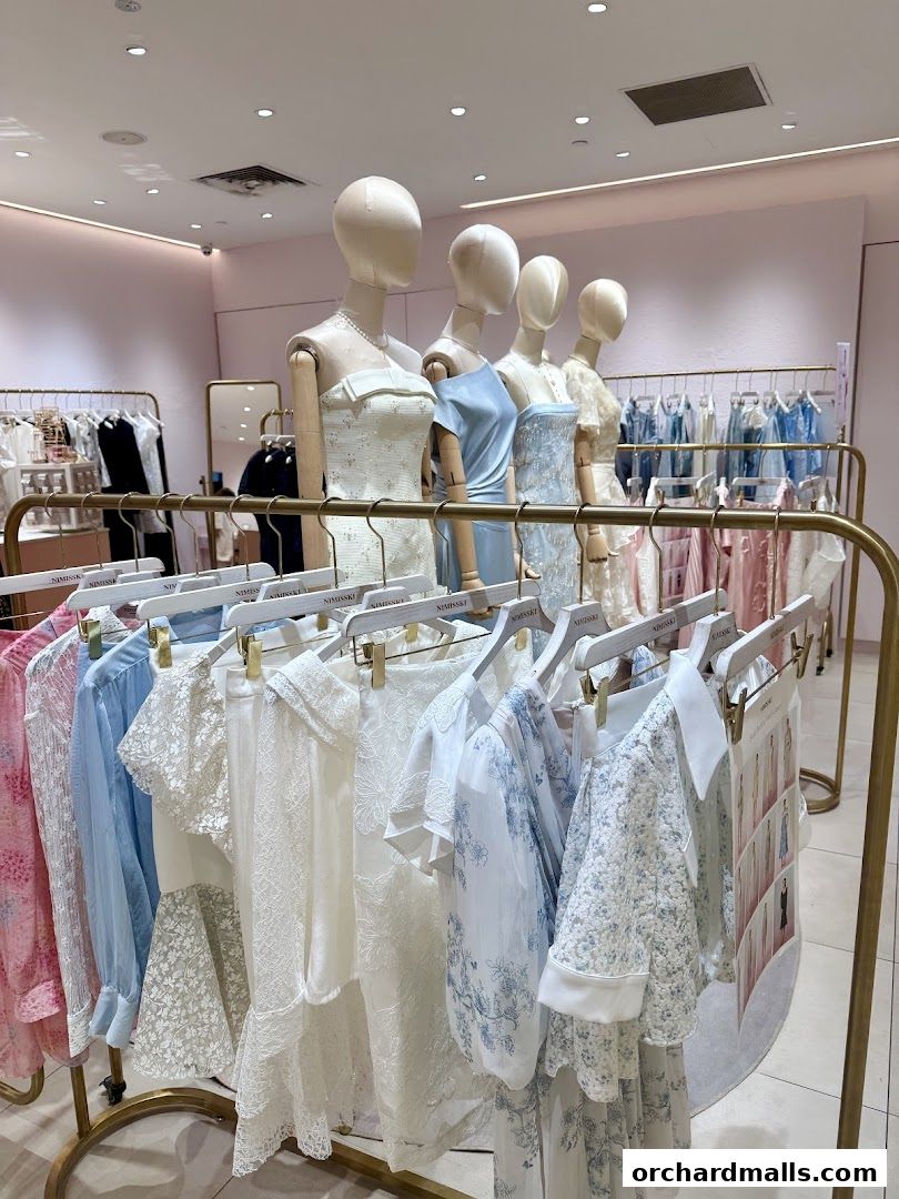 Mannequins display elegant dresses and clothing racks showcase delicate apparel in a boutique.