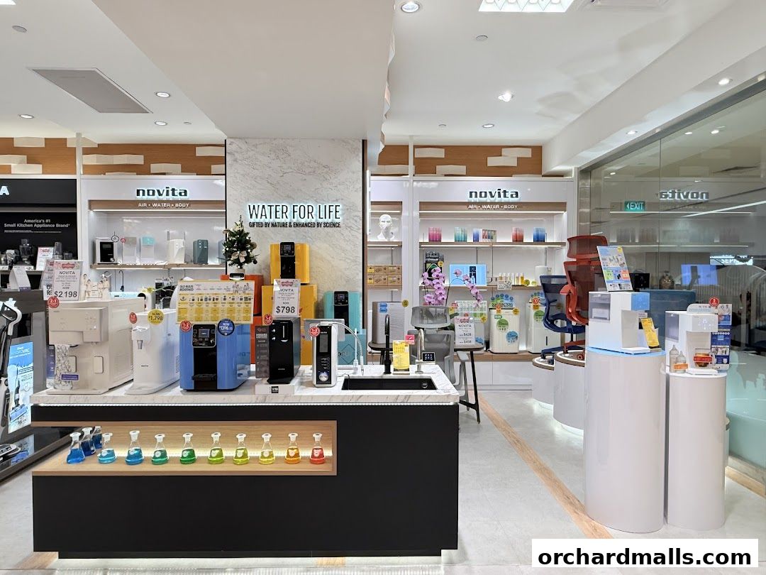Interior view of a Novita store showcasing water purifiers and related products.
