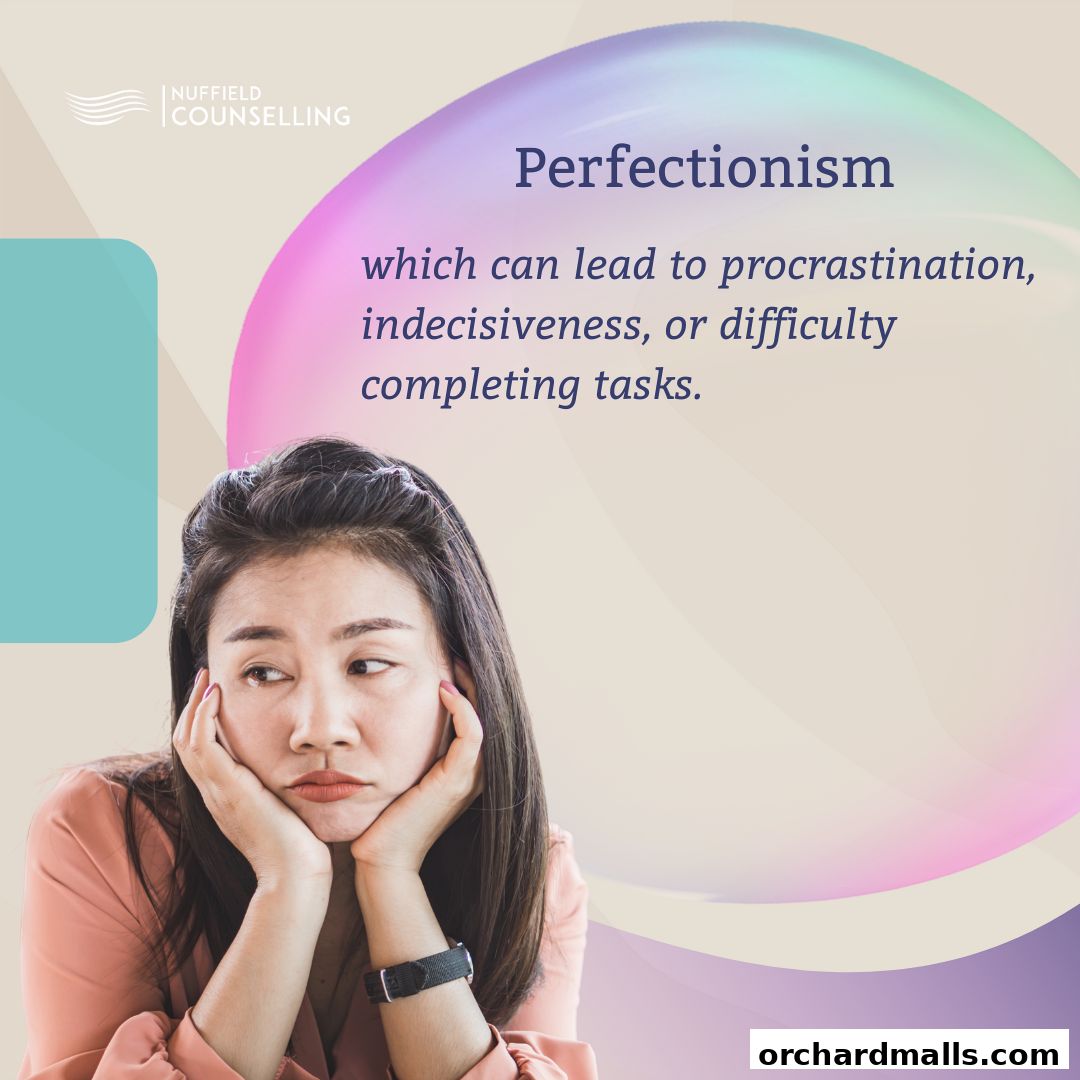 A woman looking stressed with text about perfectionism and its consequences.