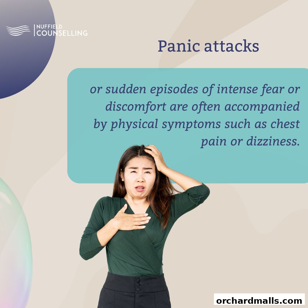 A woman experiencing distress, with text about panic attacks and Nuffield Counselling.
