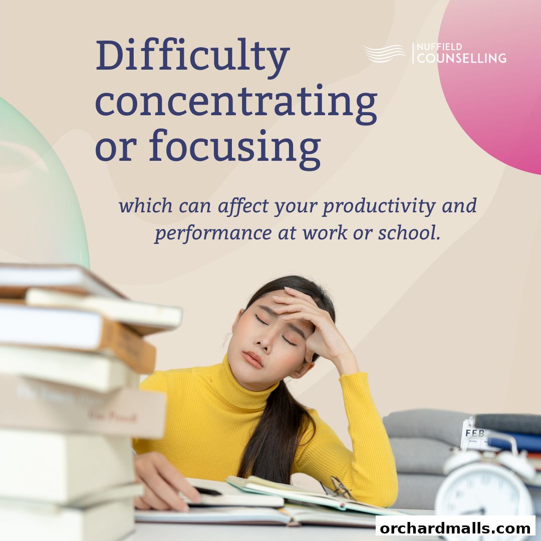 A woman looking stressed while studying, with text about concentration difficulties.