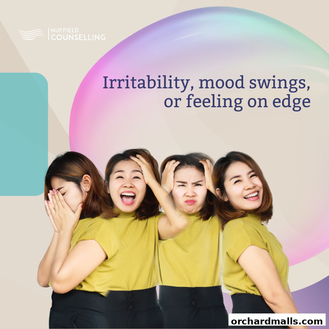 Collage of a woman displaying various emotional states, with text about mood swings.