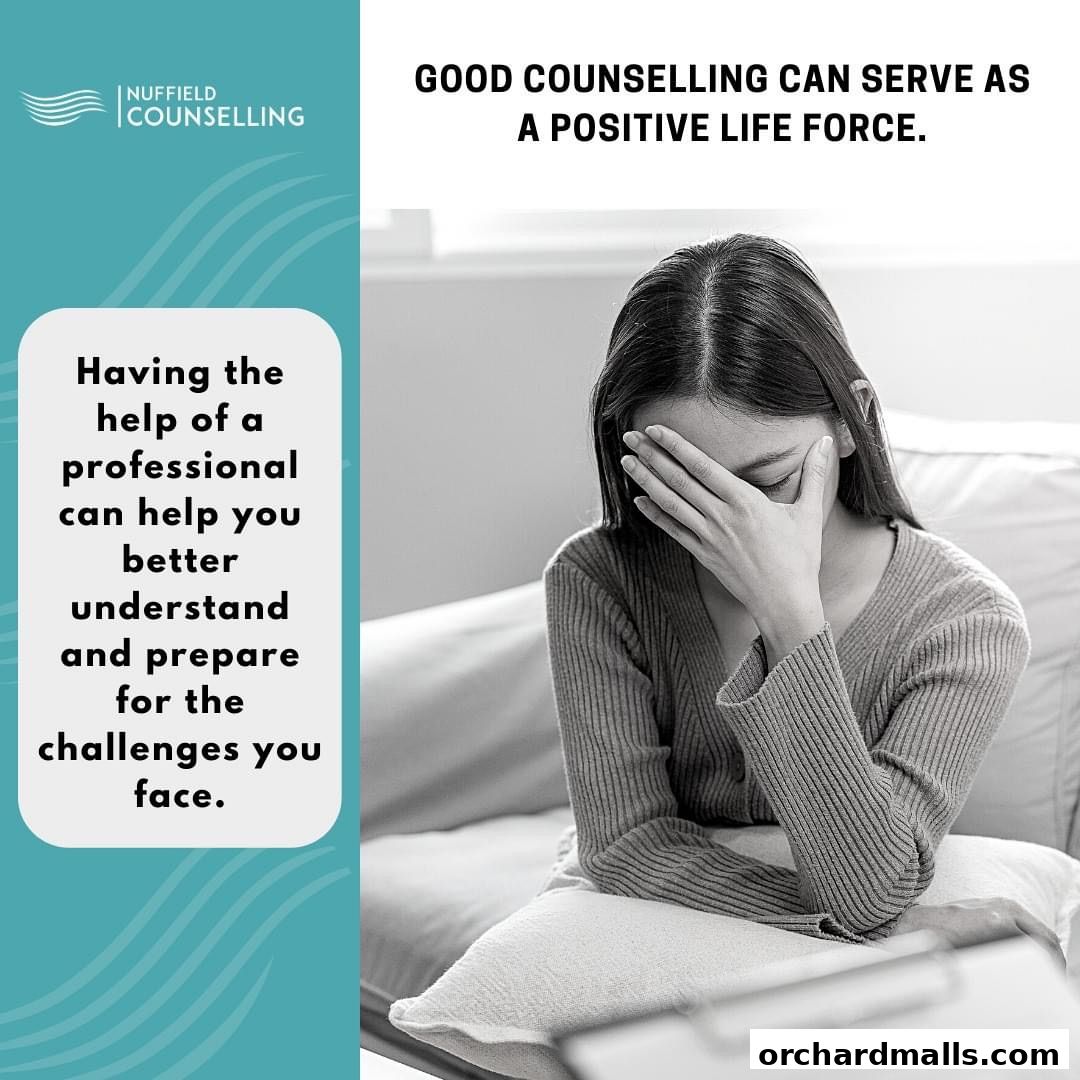 A woman is shown distressed while text promotes professional counselling services.