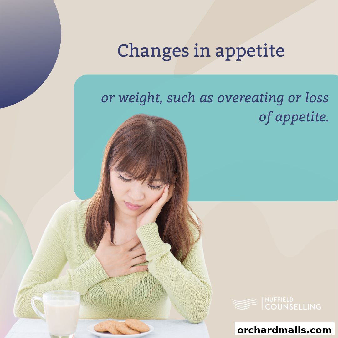 A woman looking distressed, with text about changes in appetite and weight.