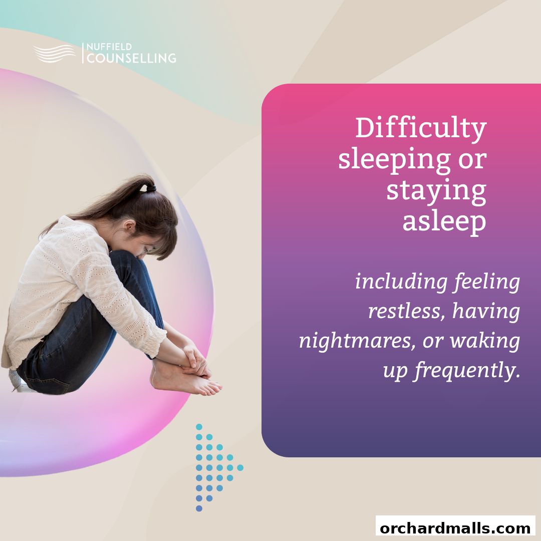 A woman curls up, illustrating difficulty sleeping, with Nuffield Counselling branding.
