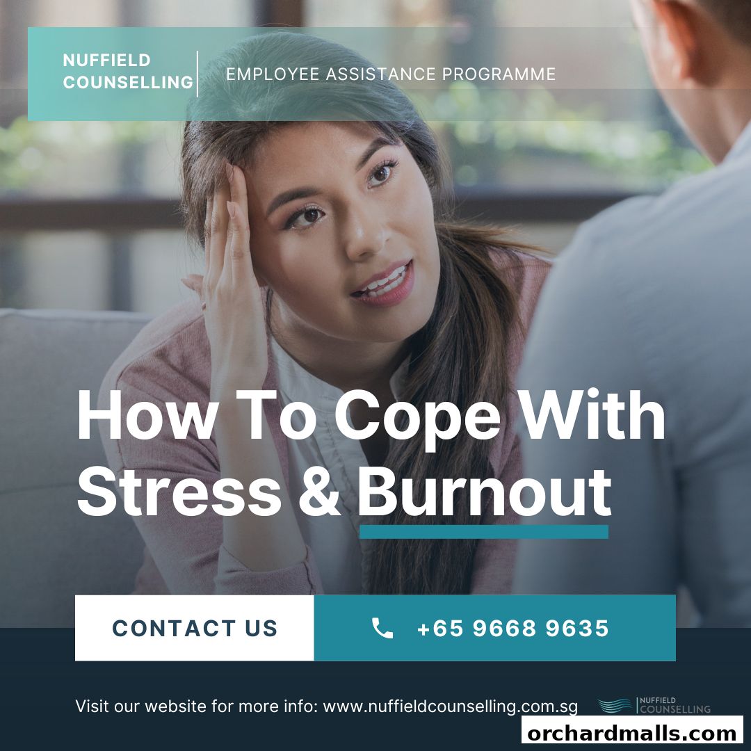 A woman in a counseling session, with text about coping with stress and burnout.