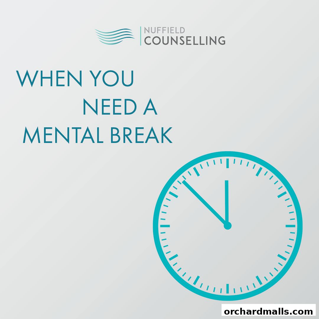 Nuffield Counselling logo with text 'When you need a mental break' and a clock.