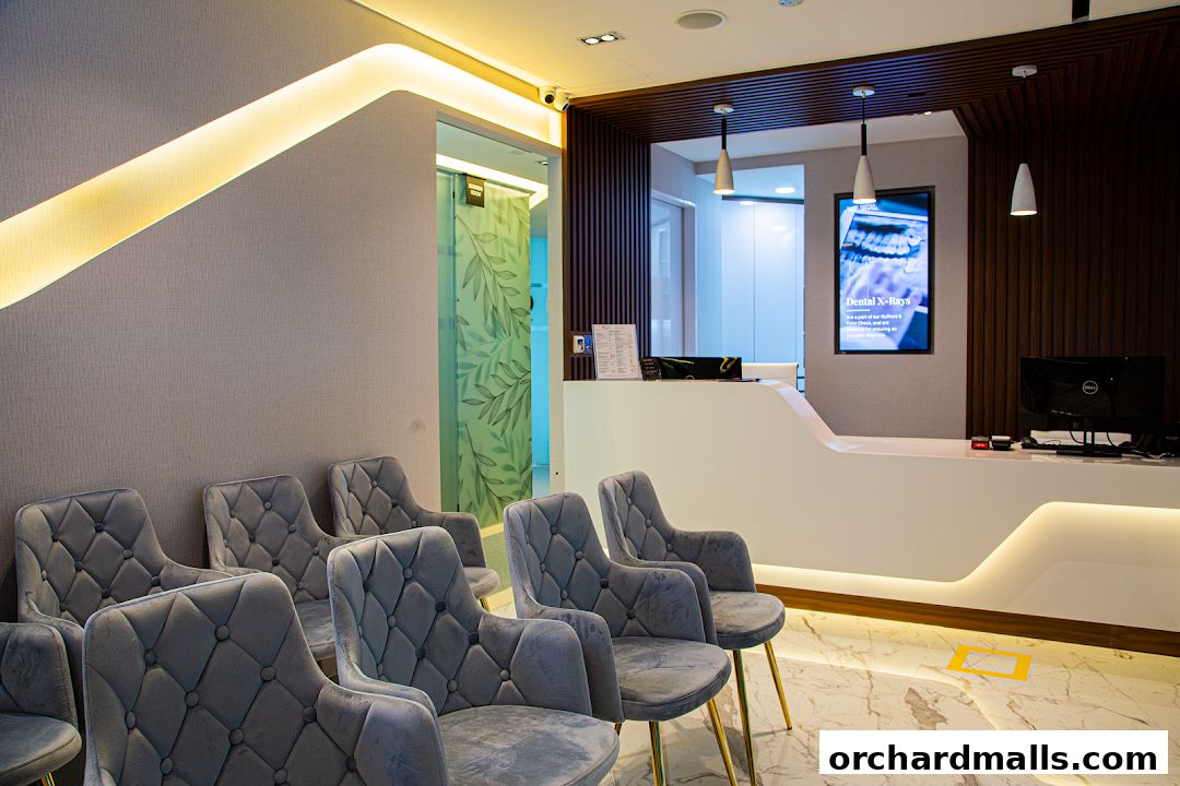 A modern dental clinic waiting area with plush chairs and a reception desk.