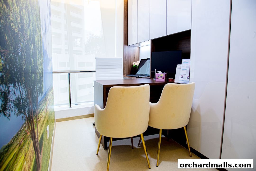 A modern dental clinic consultation room with a desk, chairs, and computer.
