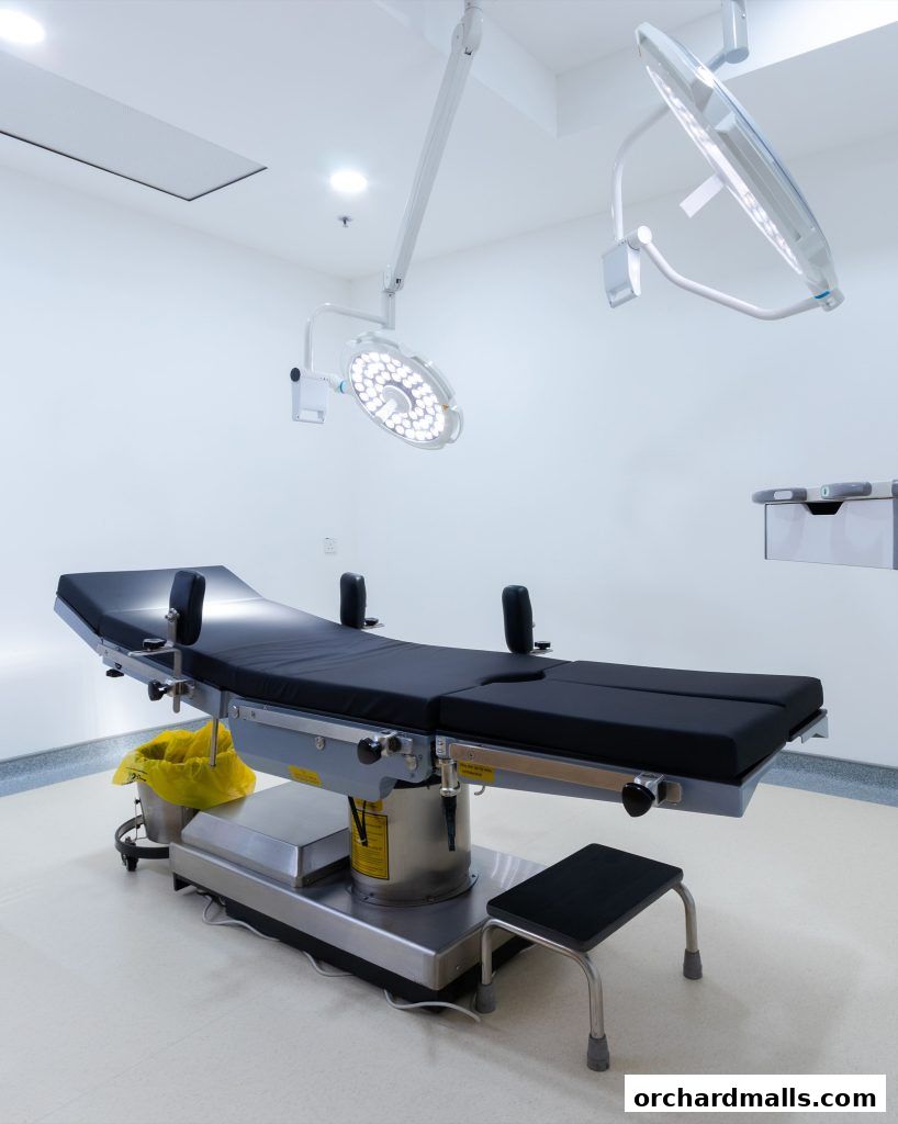 A modern operating room with a surgical table and overhead lights.