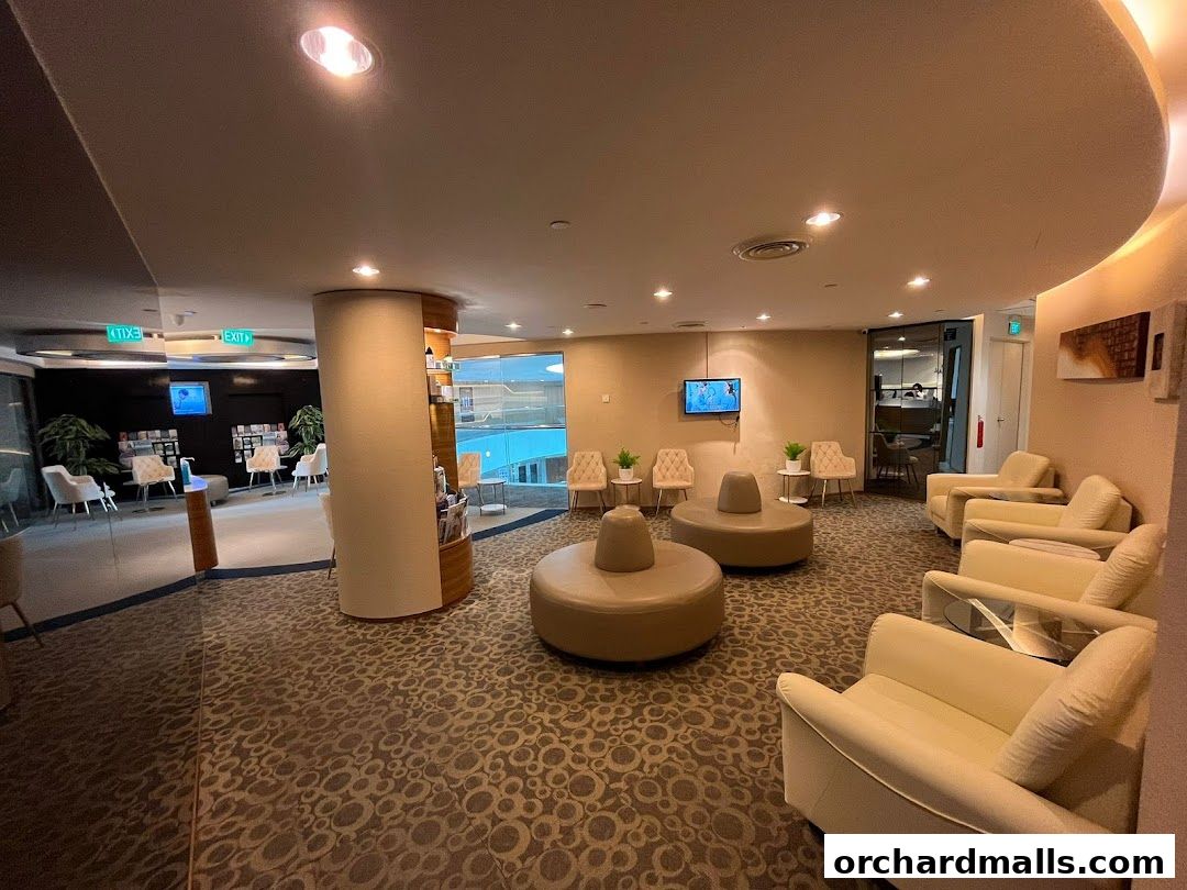 A spacious and modern waiting area with comfortable seating and soft lighting.
