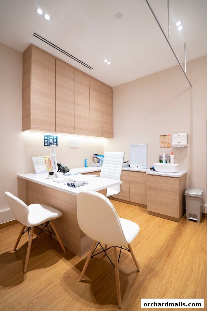 A clean and modern medical consultation room with a desk, chairs, and medical equipment.
