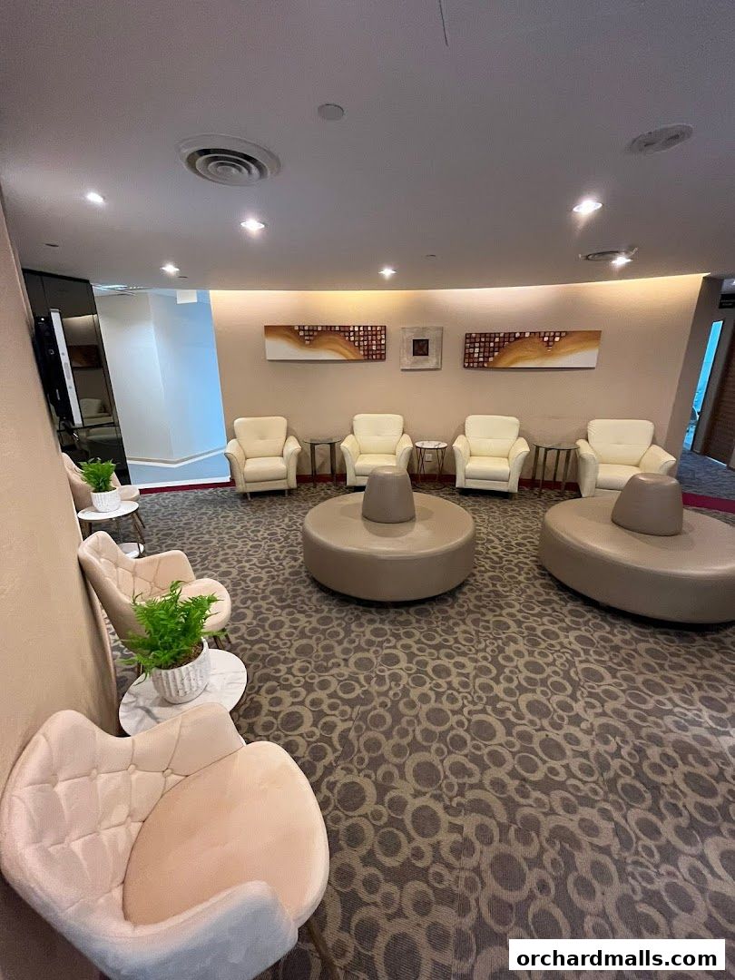A waiting area with comfortable chairs, round seating, and modern art.