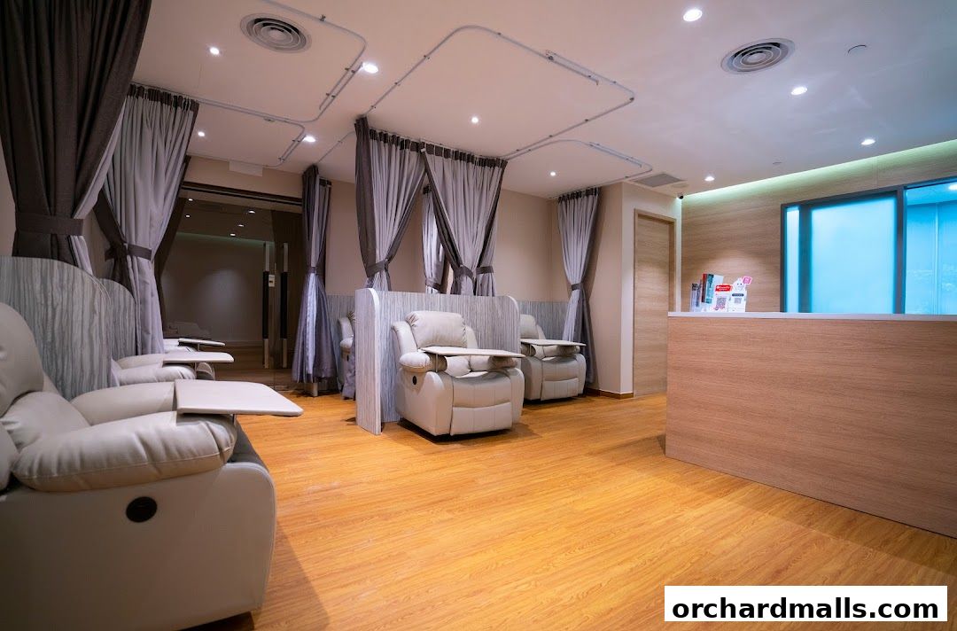Interior of a medical spa with comfortable recliners and a reception desk.