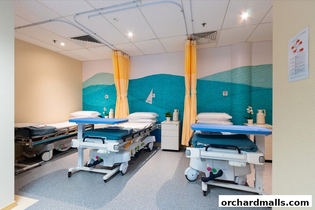 A clean, modern clinic room with three patient beds and calming ocean-themed decor.