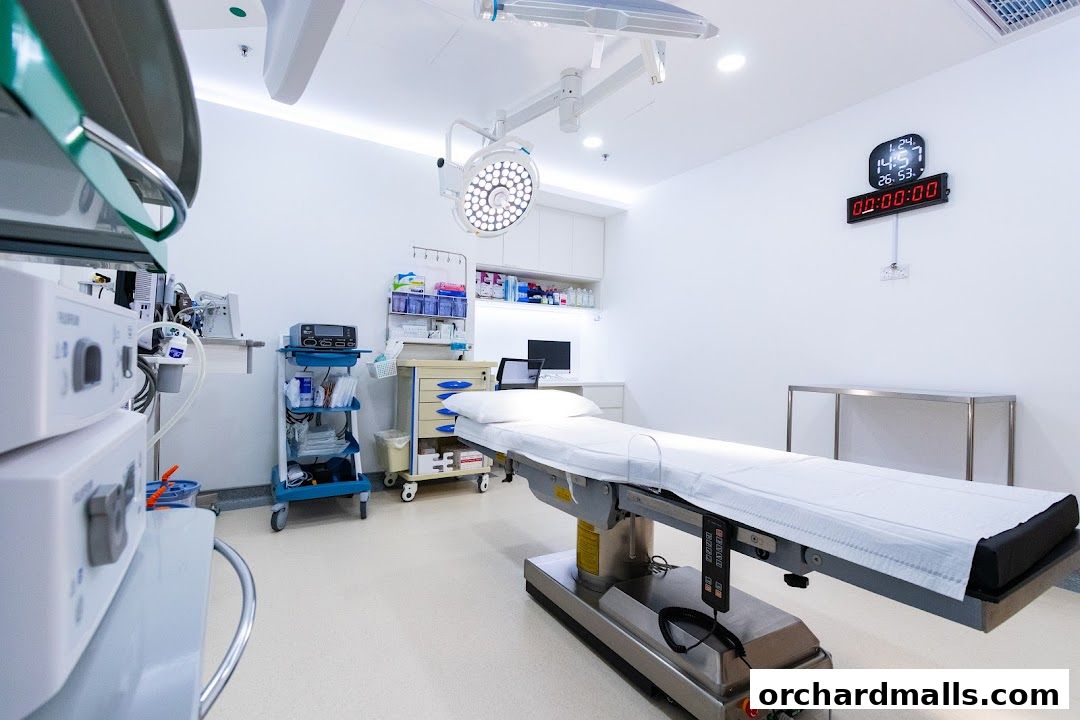 A sterile operating room with a surgical bed, medical equipment, and overhead lights.
