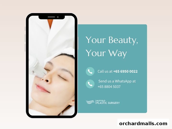 A phone screen displays a woman receiving a facial treatment, with contact information for Nuffield Plastic Surgery.