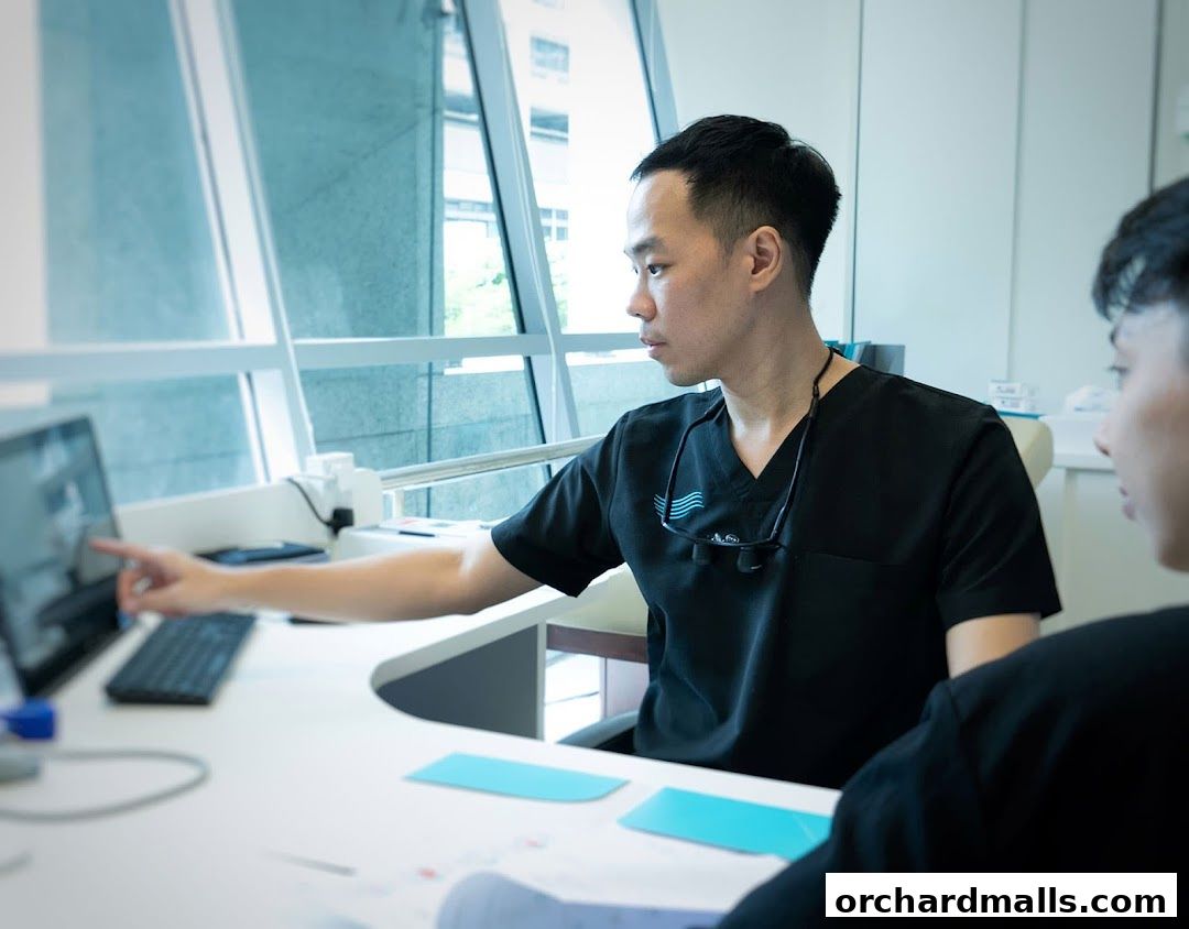 Two medical professionals in black scrubs consult a computer screen in a modern clinic.
