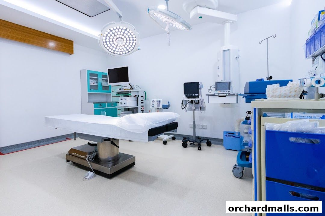 A sterile operating room with a surgical table, medical equipment, and bright overhead lights.