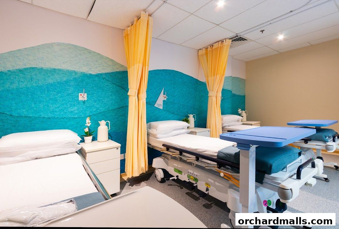 A clean and modern hospital room with two beds, medical equipment, and decorative wave-themed walls.