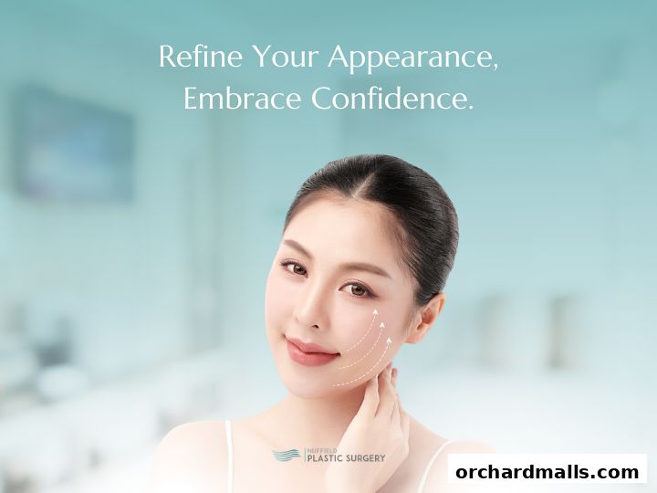 A woman's face with text overlay promoting plastic surgery services.