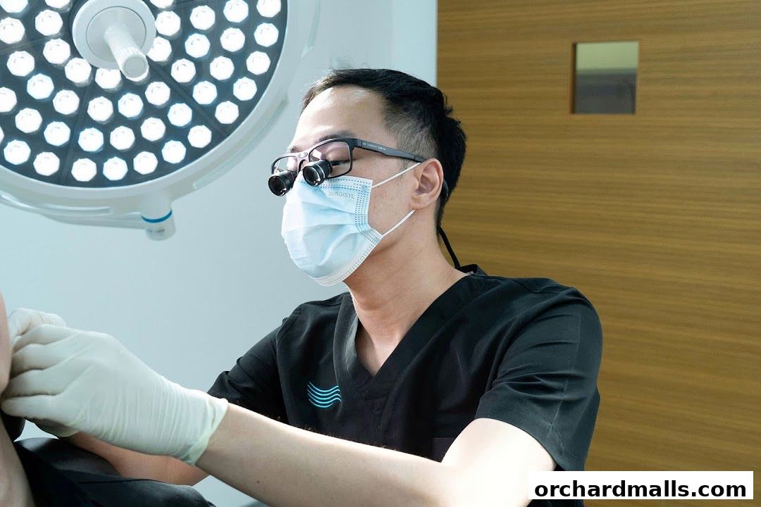 A surgeon in scrubs, mask, and loupes performs a procedure under a surgical light.