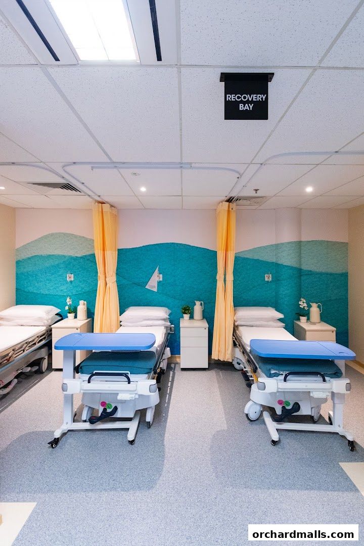 A recovery bay with multiple beds, featuring a calming ocean-themed mural.