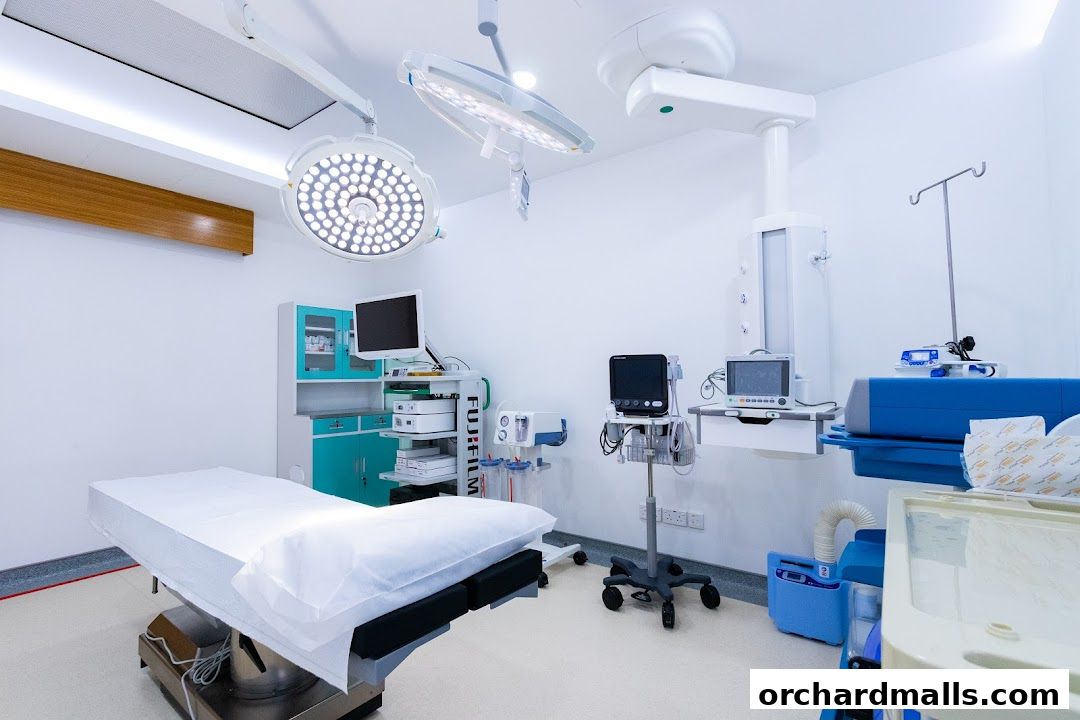 A modern operating room with a surgical table, lights, and medical equipment.