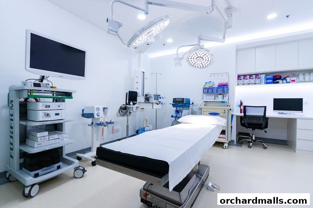 A sterile operating room with a surgical bed, medical equipment, and a desk.