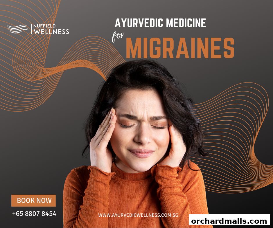 Woman experiencing migraine pain, with Nuffield Wellness branding and contact information.
