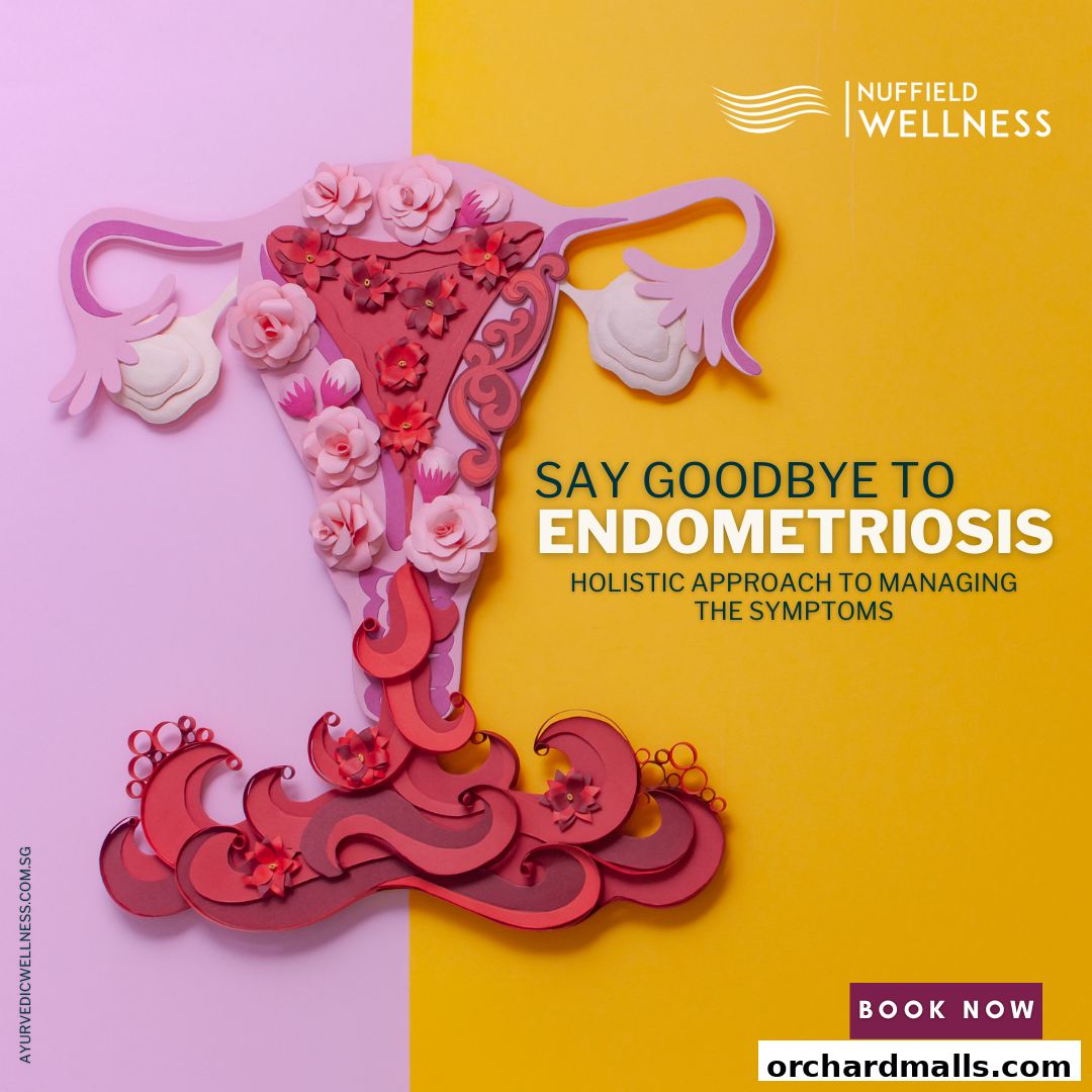 An artistic representation of the female reproductive system with text about endometriosis treatment.