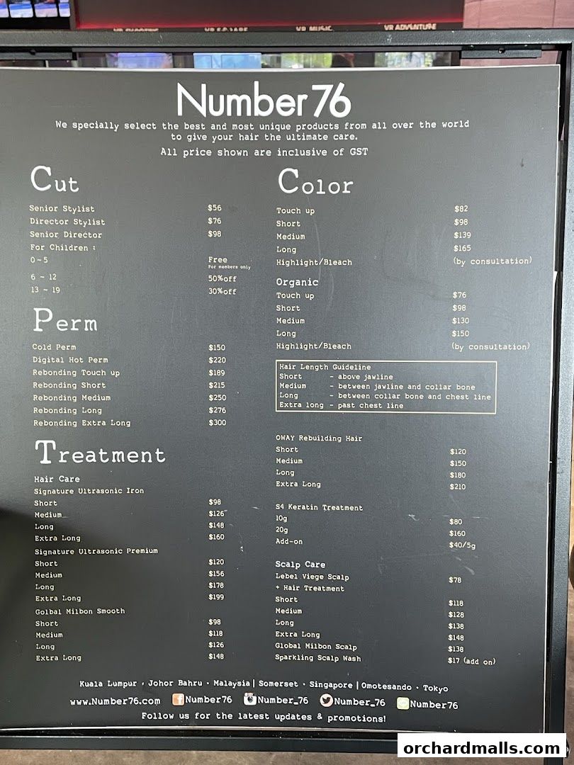 Menu page for Number76 Hair Salon - Orchard Gateway Singapore