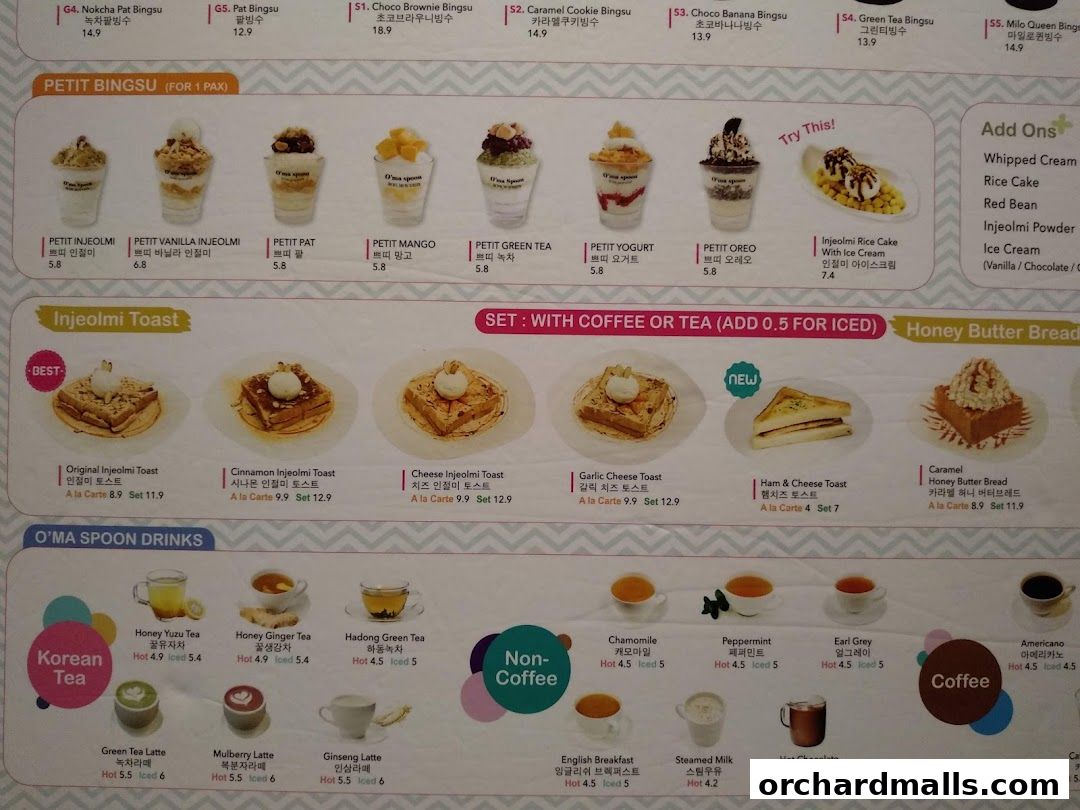 Menu page for Oma Spoon Korean Dessert Cafe  Authentic Bingsu  Waffles 313Somerset