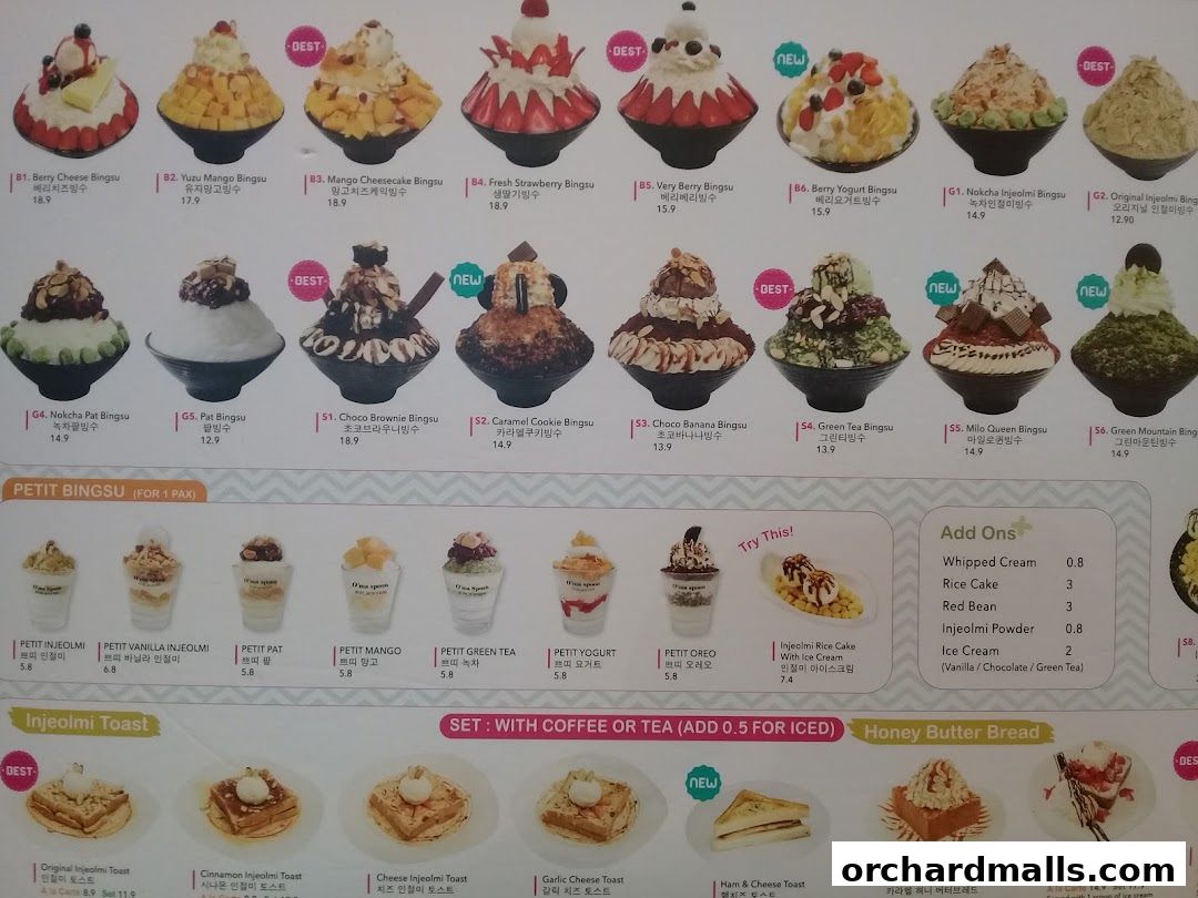 Menu page for Oma Spoon Korean Dessert Cafe  Authentic Bingsu  Waffles 313Somerset