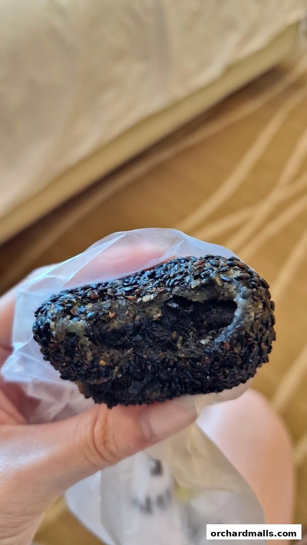 A hand holds a black sesame coated pastry with a bite taken out.