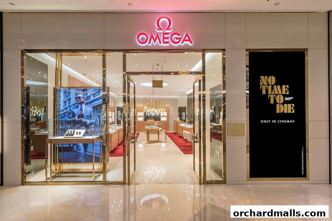 The elegant entrance of an OMEGA watch store, featuring a "No Time To Die" movie poster.