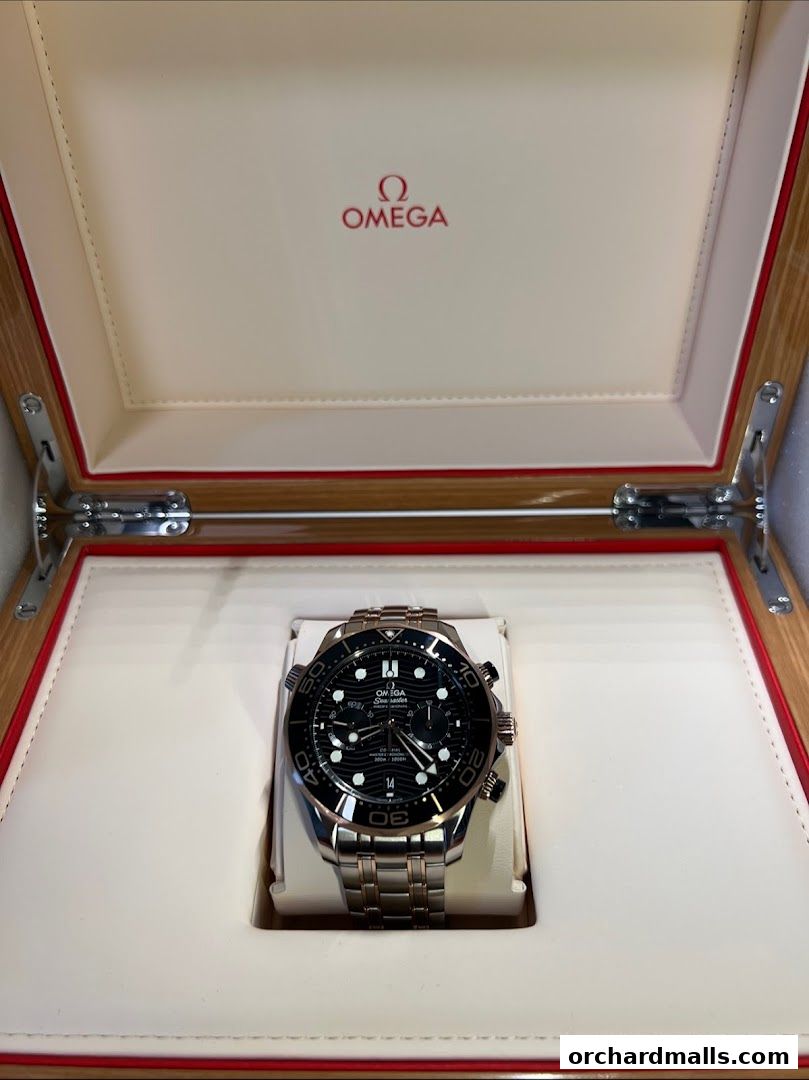An OMEGA watch displayed in its branded presentation box.