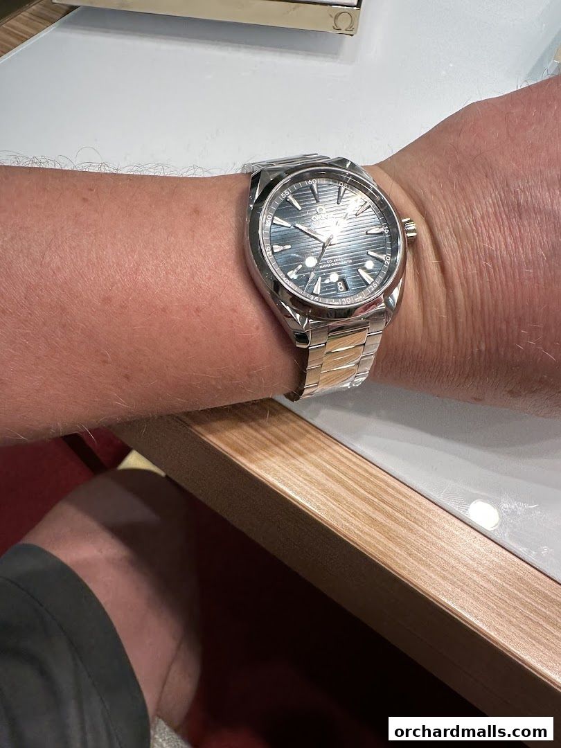 A close-up shot of an OMEGA watch on a person's wrist.