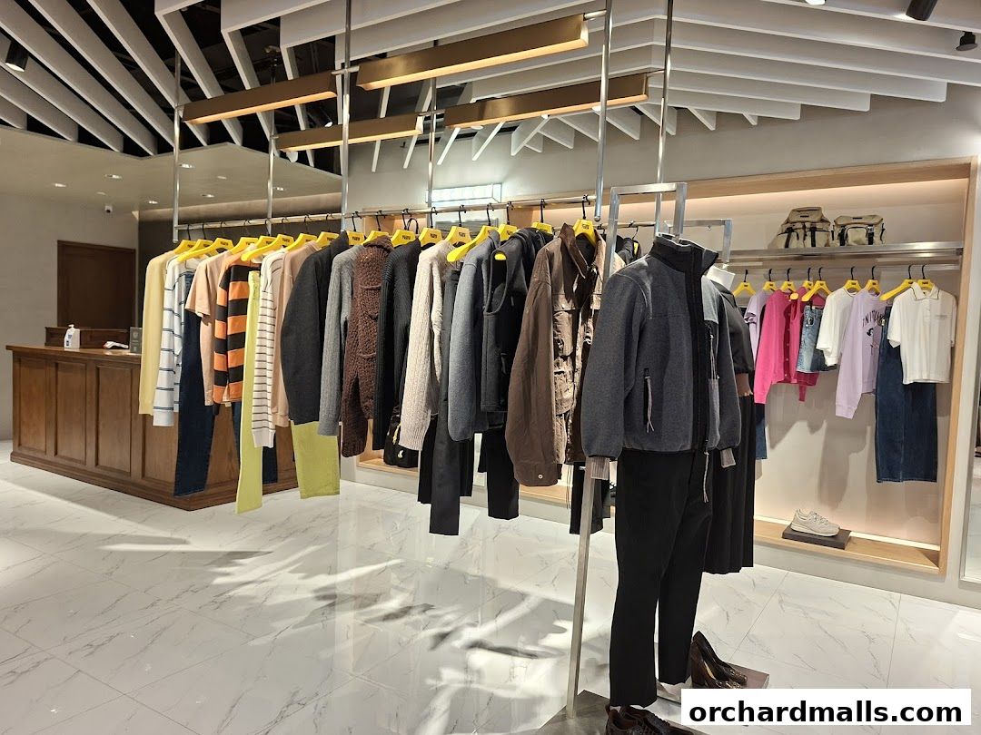 Interior view of a clothing store displaying a variety of apparel on racks and a mannequin.