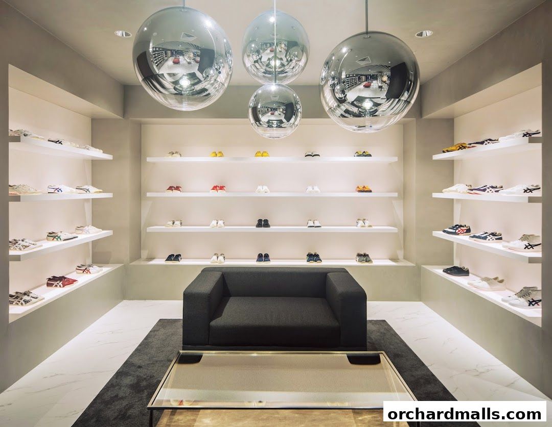 Interior of Onitsuka Tiger shoe store with shoes displayed on shelves and a sofa.