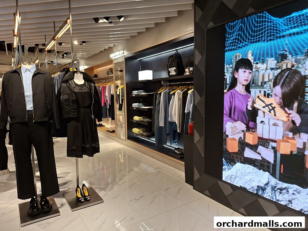 Interior view of an Onitsuka Tiger store showcasing apparel and a large digital display.