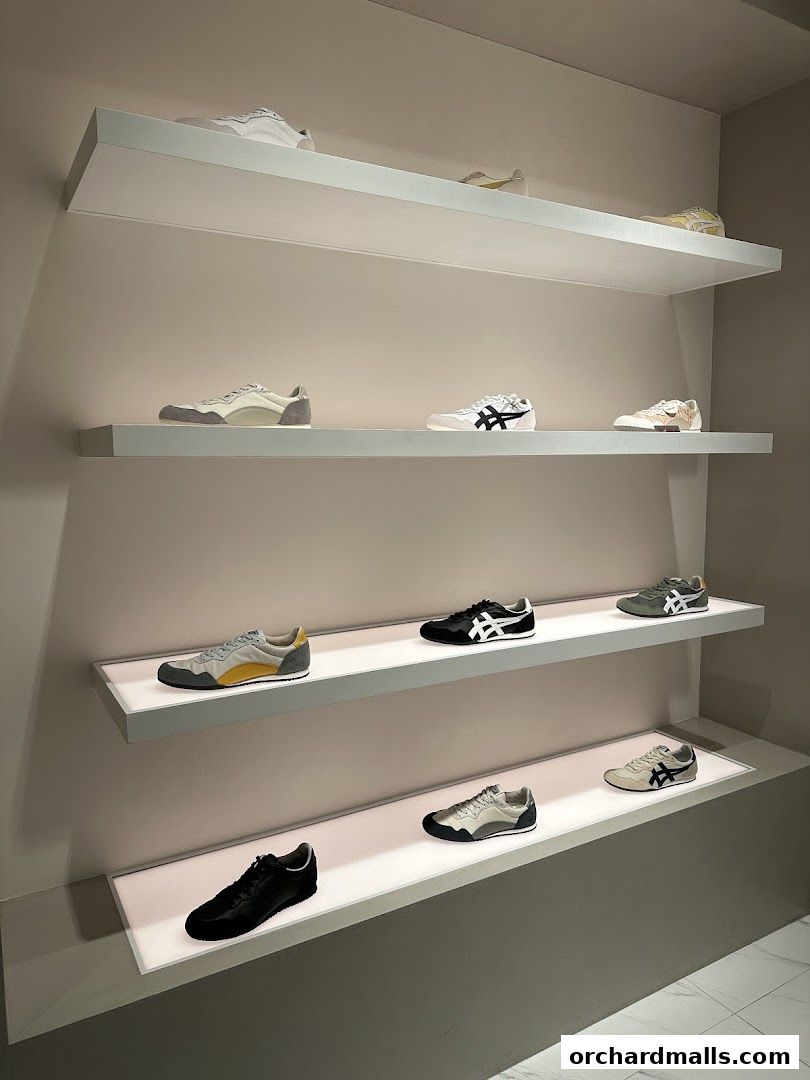 Onitsuka Tiger shoes displayed on illuminated shelves in a modern retail setting.