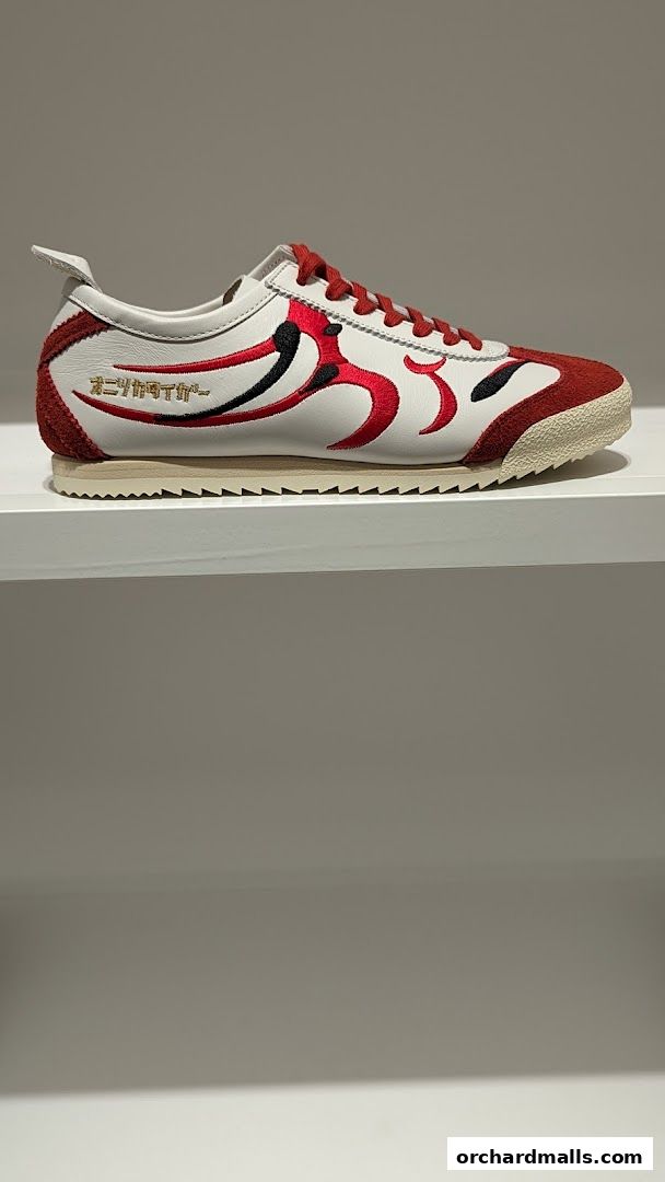 A white and red Onitsuka Tiger sneaker with flame-like accents and Japanese text.