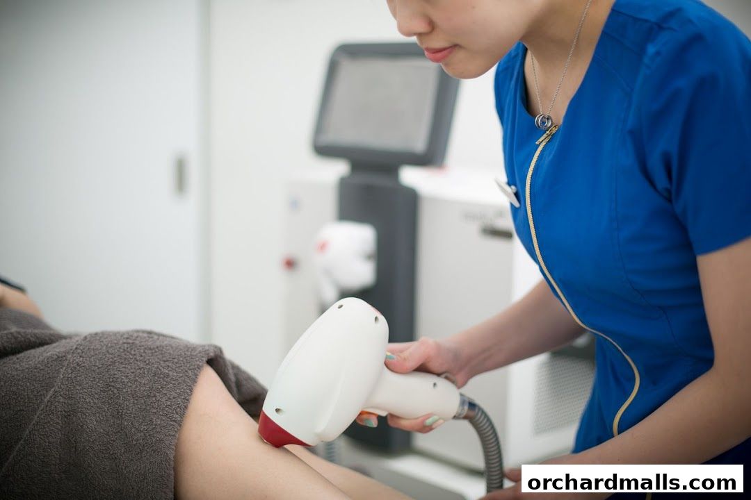 Aesthetician performing a laser hair removal treatment on a client's leg.