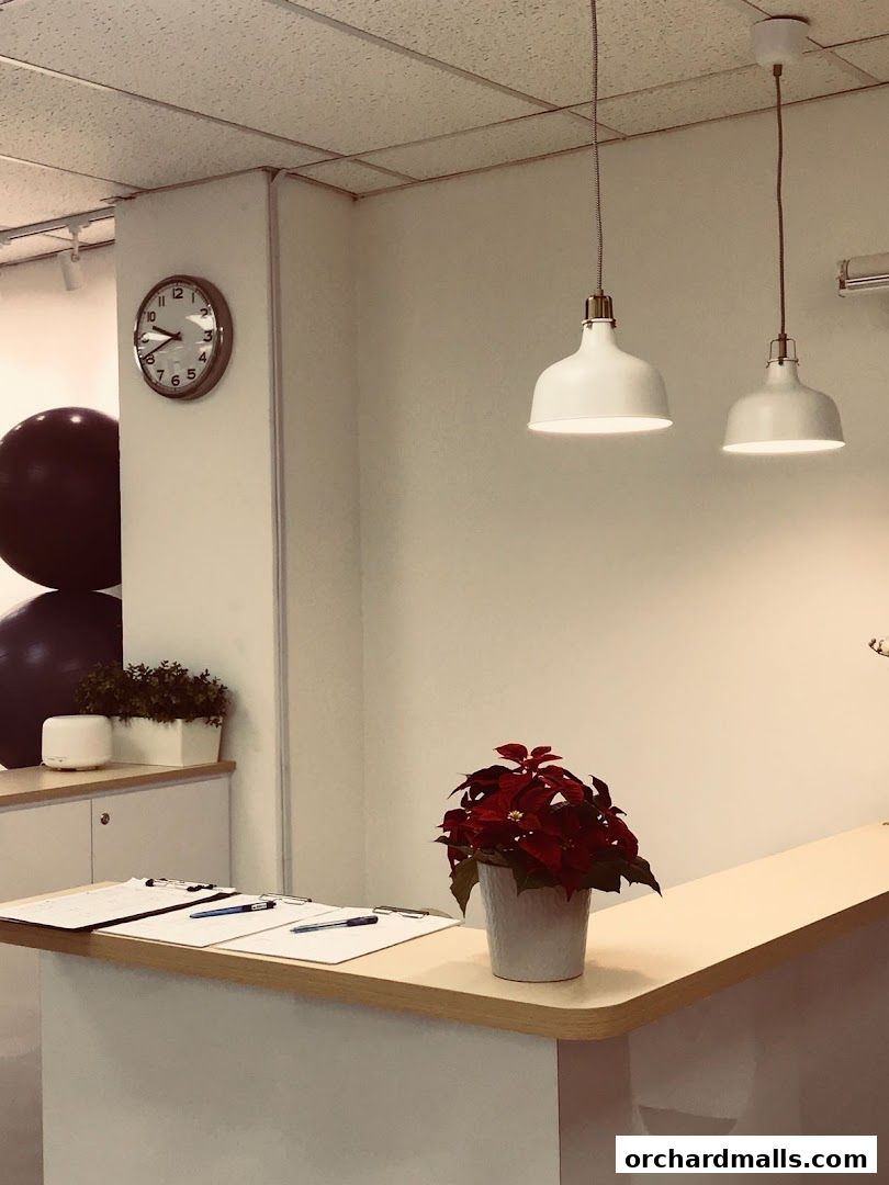 Reception desk at Options Pilates Studio with clipboards, pens, and a poinsettia plant.