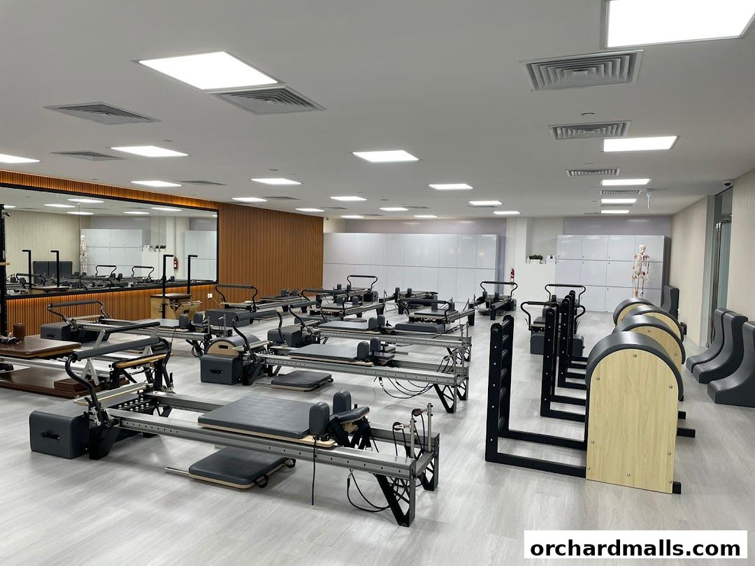 Interior of a modern Pilates studio with multiple reformers and equipment.