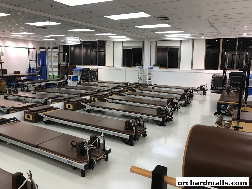 Interior of a spacious Pilates studio with multiple reformers and equipment.