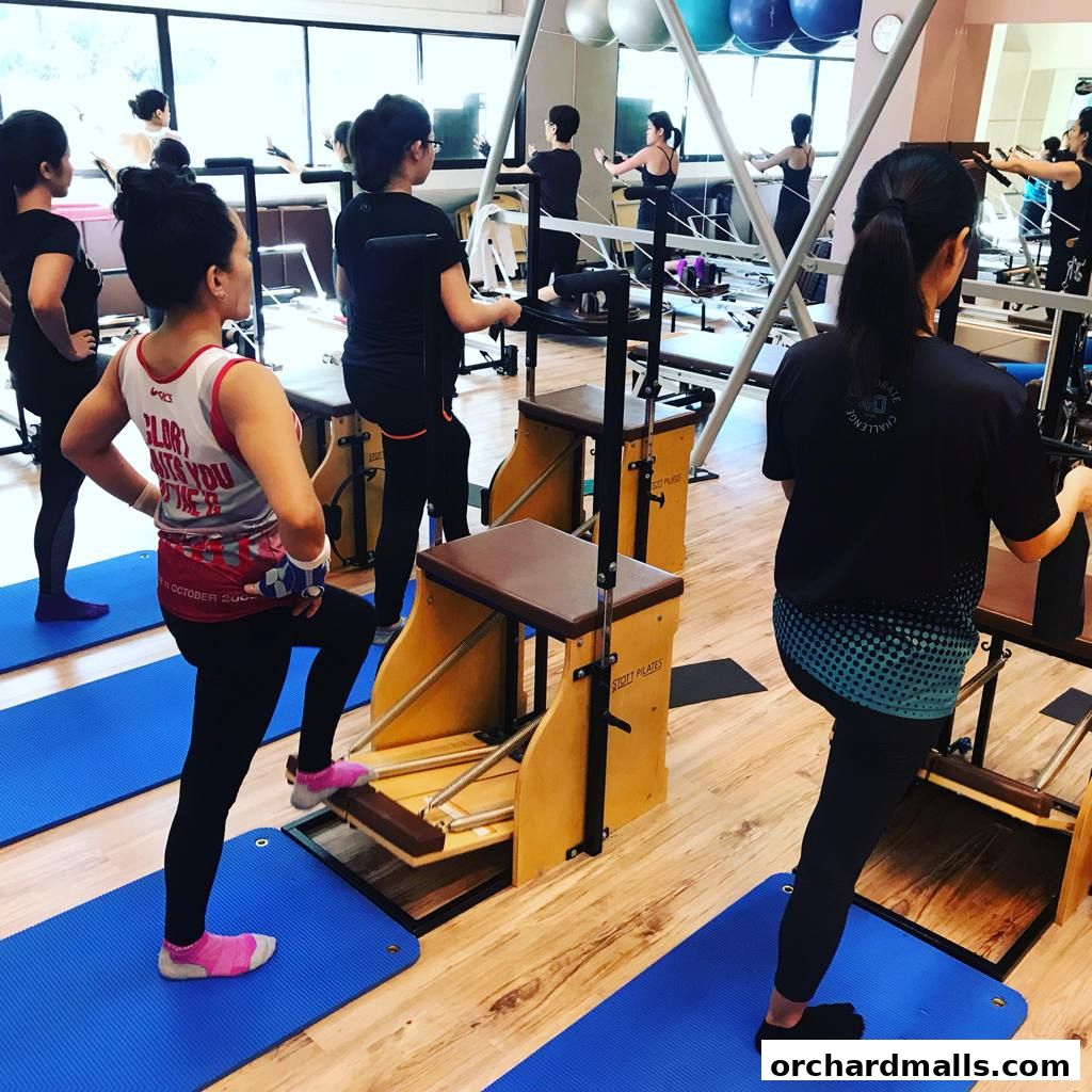 Women exercising on Pilates reformers in a bright studio with wooden floors.